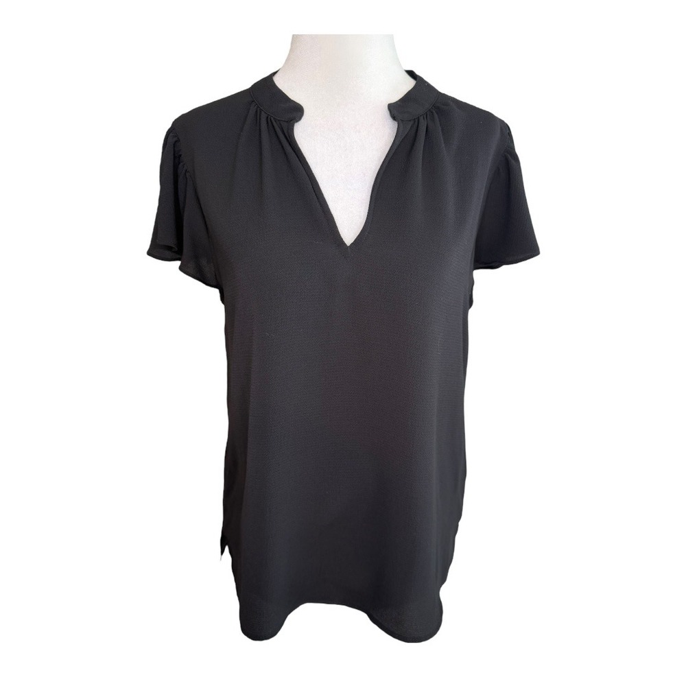 CeCe Black Short Sleeve V-Neck Blouse Top Textured Career Casual Women's Small
